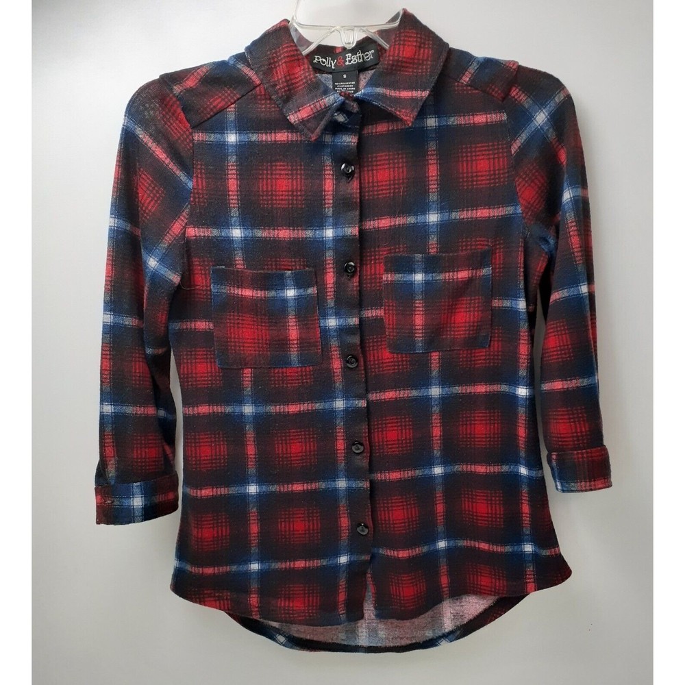 Women's Polly & Esther Red Plaid Soft Flannel Lightweight Button-Up Shirt Small